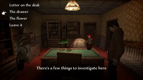 Game screenshot. Character stands in fancy office in front of desk. Comment: There's a few things to investigate here.