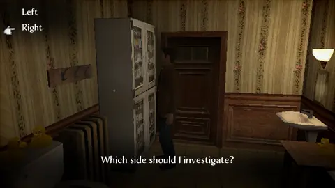 Game screenshot. Character stands in bathroom in front of cabinet. Comment: Which side should I investigate?