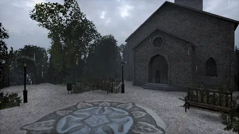 Game screenshot. Wide view of church and church square on a rainy day.