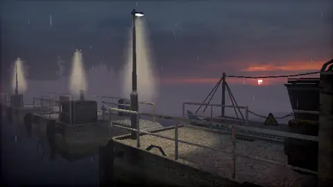 Game screenshot. Wide view of a pier with boat and multiple illuminated lights on a rainy evening. Sunset in background.